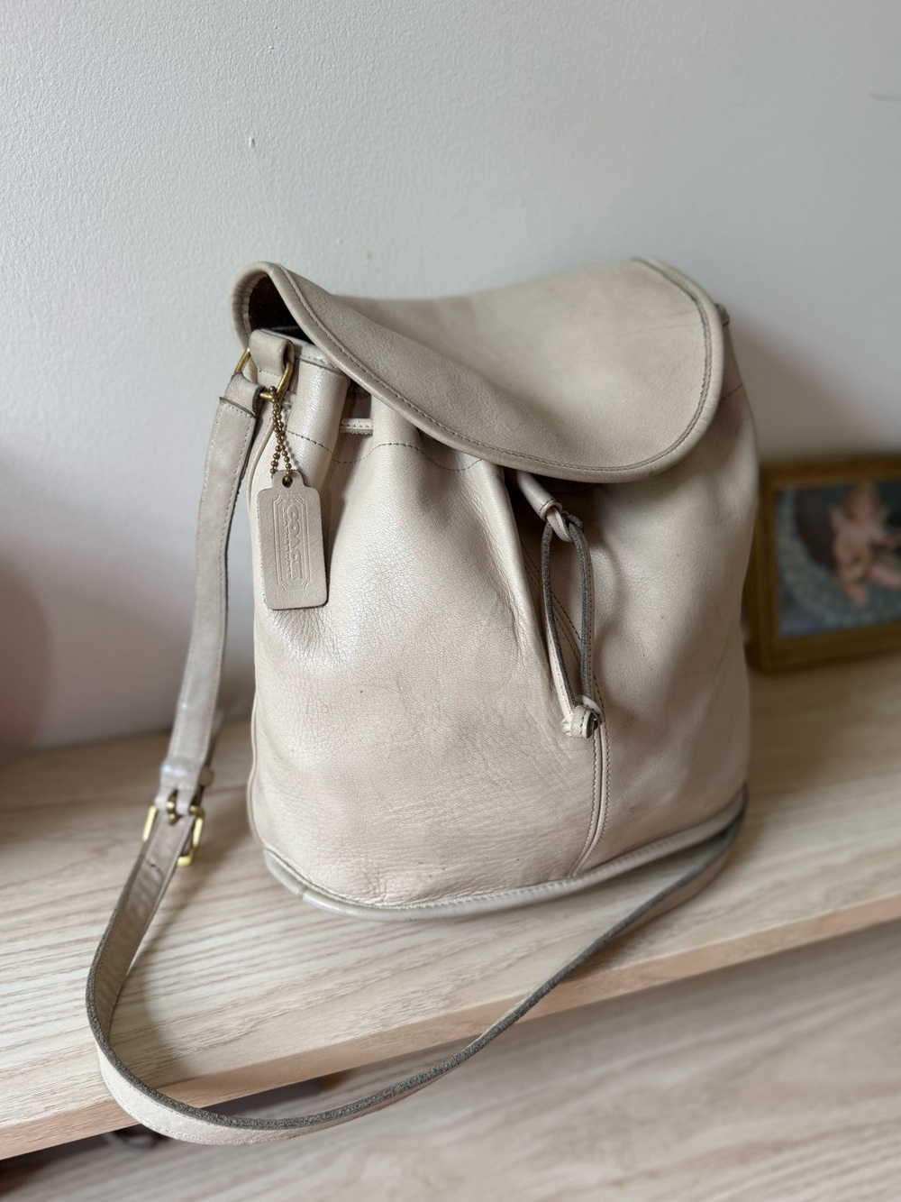 RARE Vintage 80s Coach NYC Cream Leather Bucket Bag with Drawstring and flap top
